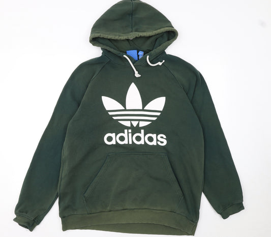 Adidas Mens Green Pullover Hoodie L Logo Fleece Sweatshirt
