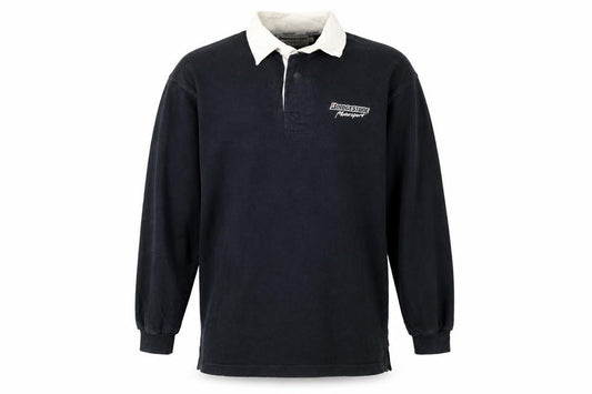 Front view of Bridgestone Motorsport Black Long Sleeve Polo Shirt Men's L Vintage Racing Logo