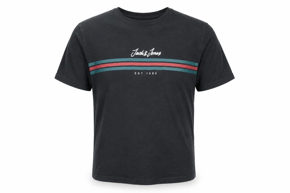 Front view of Jack & Jones Men's Black Small Crew Neck Graphic T-Shirt