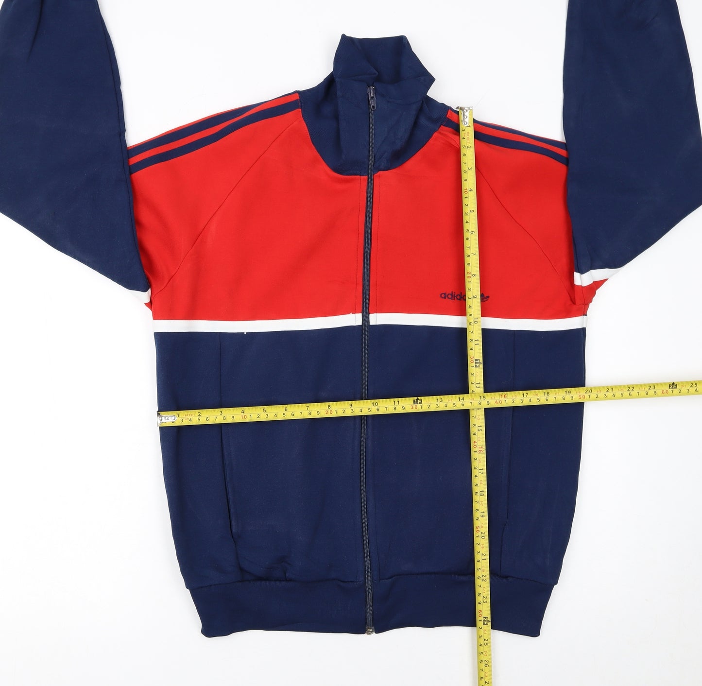 Adidas Boys Red & Navy Track Jacket Size 174 Polyester Cotton Zip Up