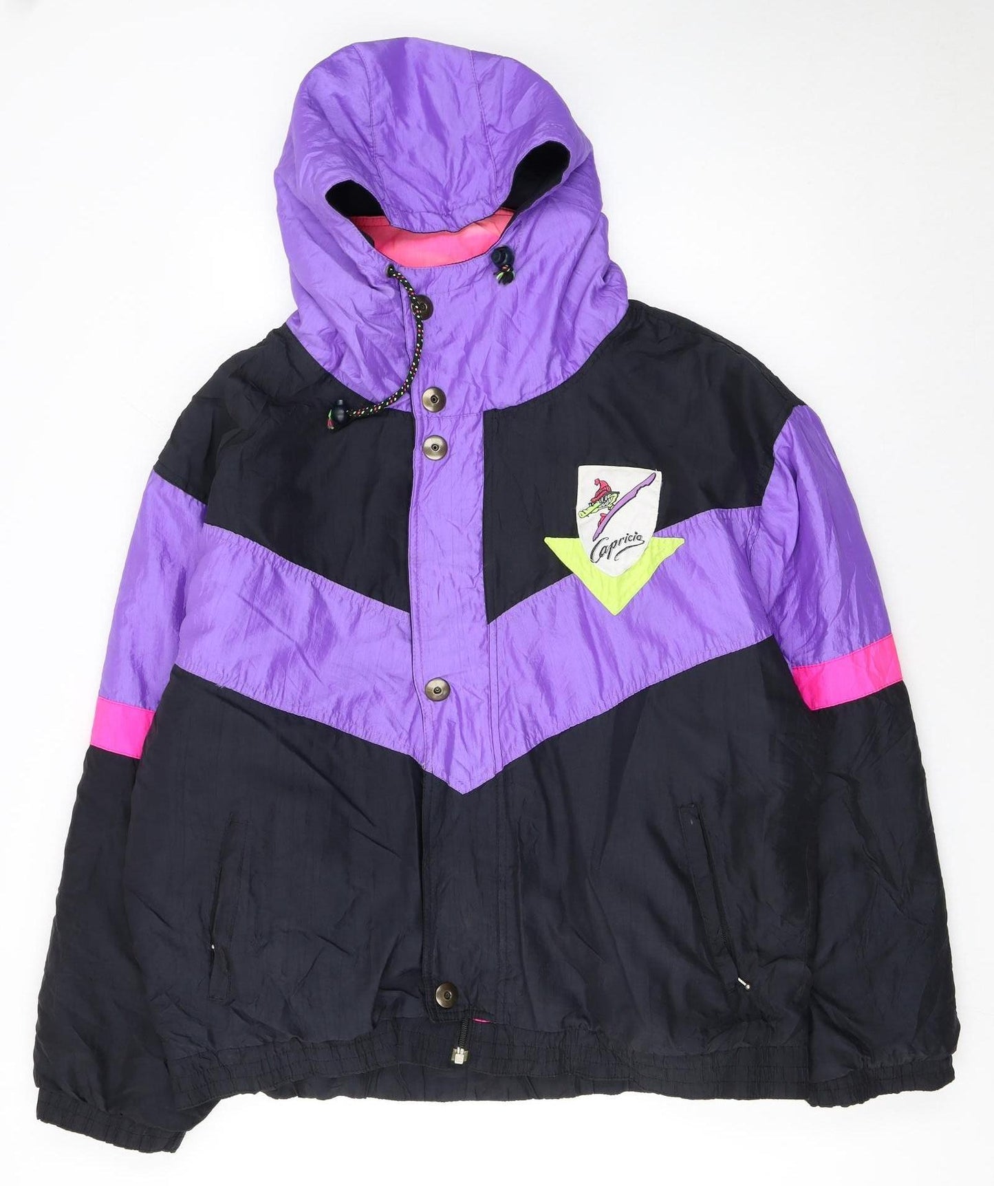 Capricio Women's Multicoloured 80s Retro Ski Jacket L Hooded Nylon