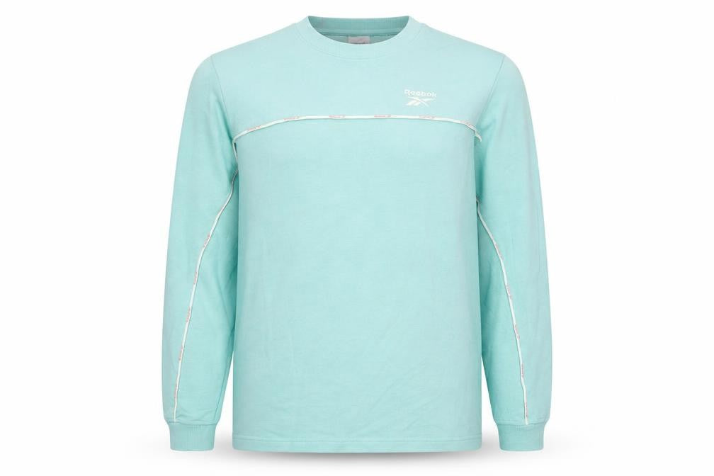 Front view of Reebok men’s green crew neck long sleeve sweatshirt, size L