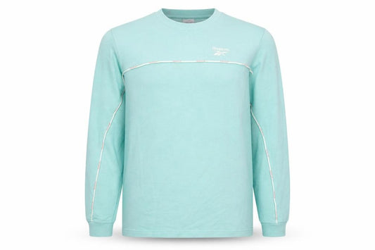 Front view of Reebok men’s green crew neck long sleeve sweatshirt, size L