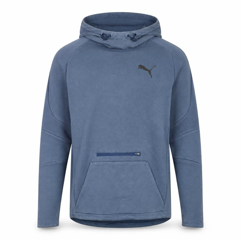 Front view of Puma men’s blue m pullover hoodie with logo and zip pocket