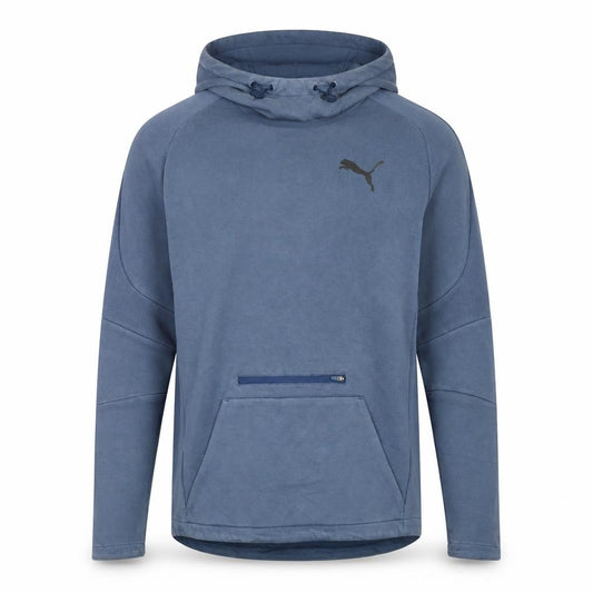 Front view of Puma men’s blue m pullover hoodie with logo and zip pocket