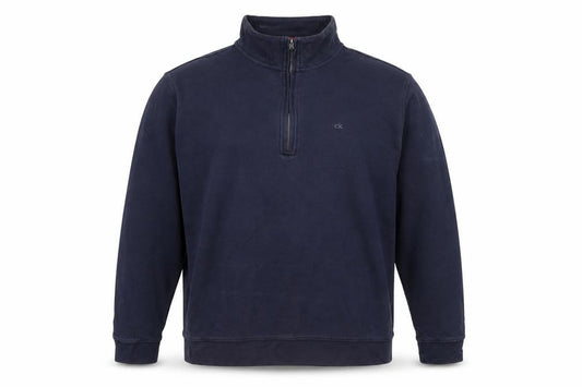 Front view of Calvin Klein Men's Blue Quarter Zip Sweatshirt, size L, Regular Fit