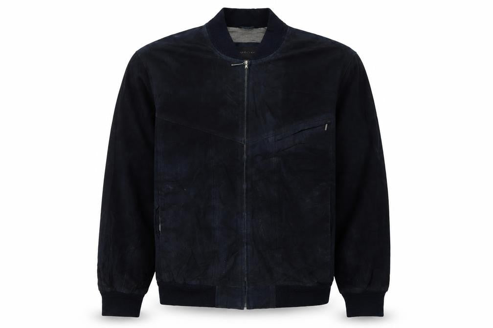 Front view of Giorgio Men's Blue Leather Bomber Jacket, size 44, Zip Up