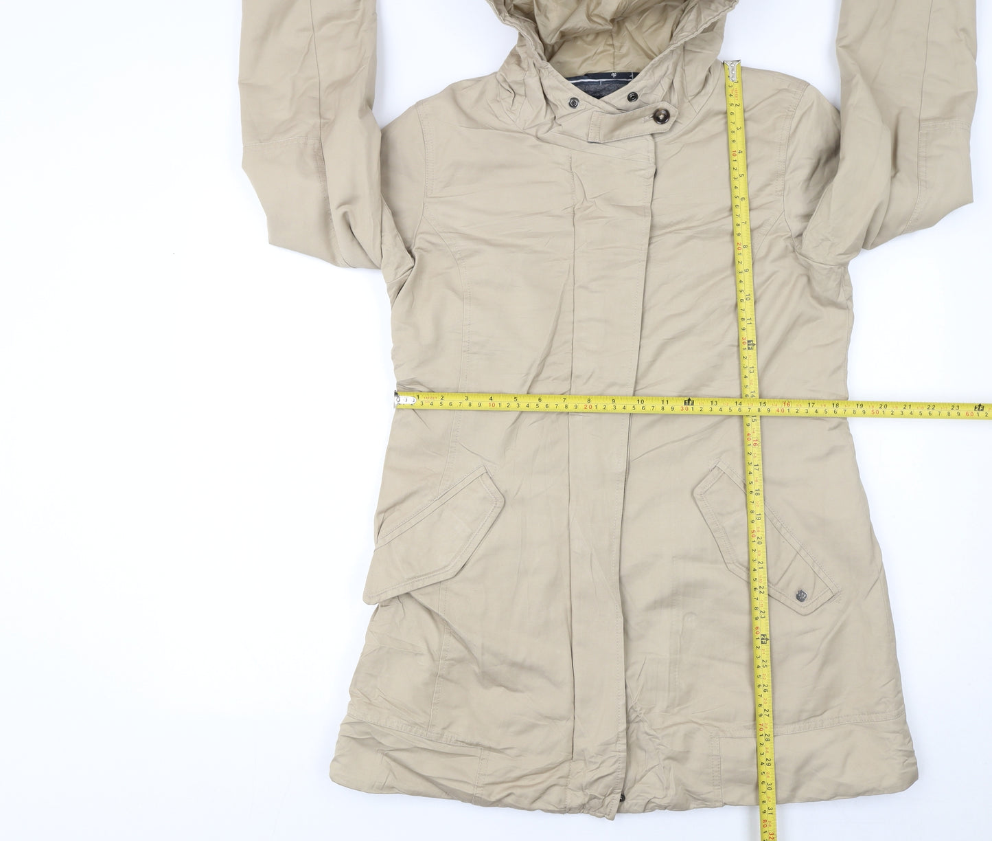Marc O'Polo Women's Beige Parka Coat Size 10 Hooded Lined Cotton Blend