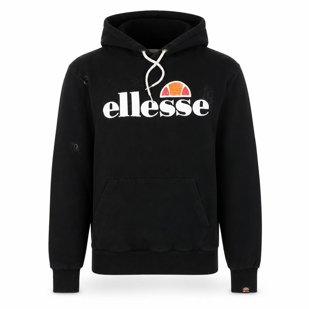 Front view of Ellesse Men's Black Pullover Hoodie Small Regular Fit with Logo Print
