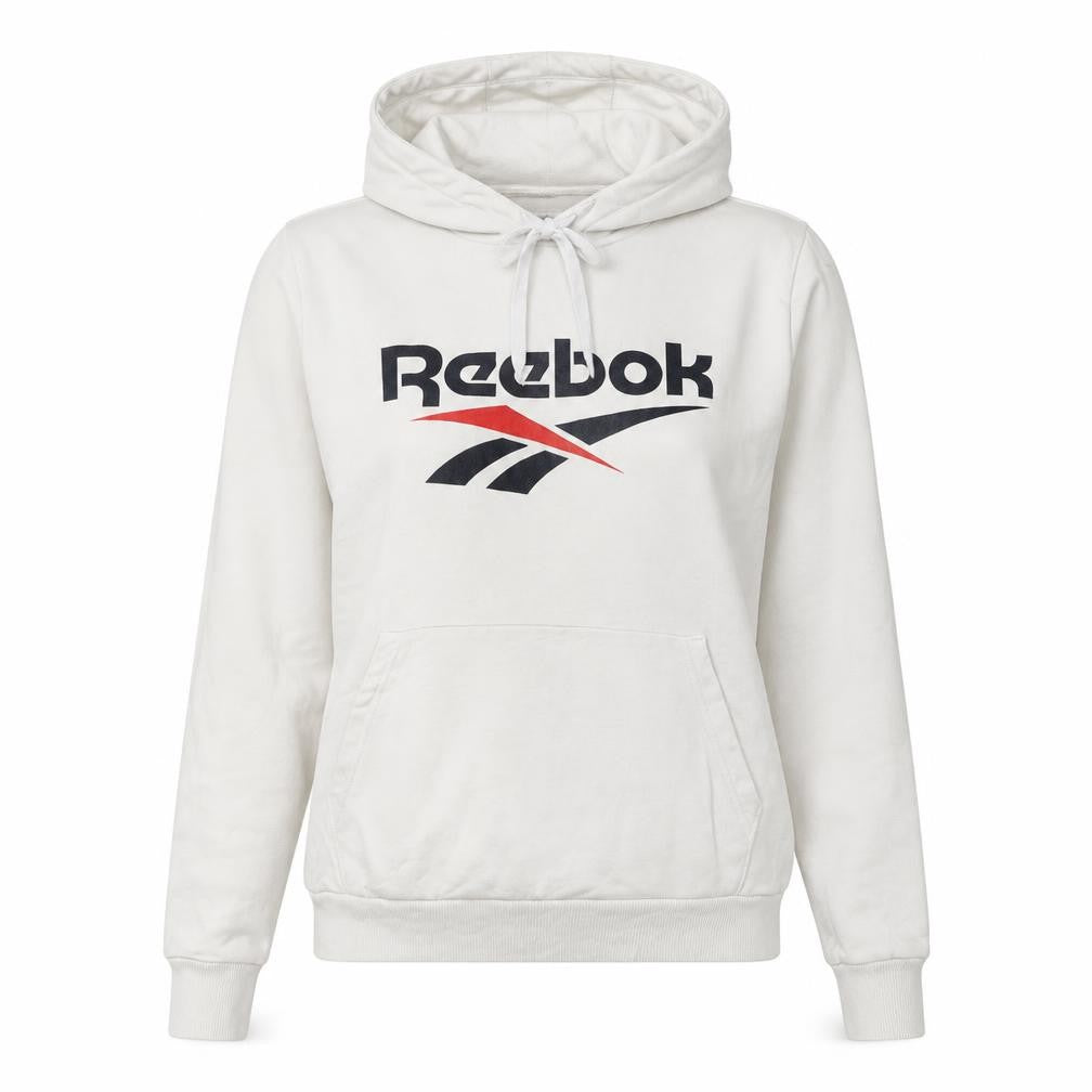Front view of Reebok Women’s Beige XS Pullover Hoodie with Logo Print