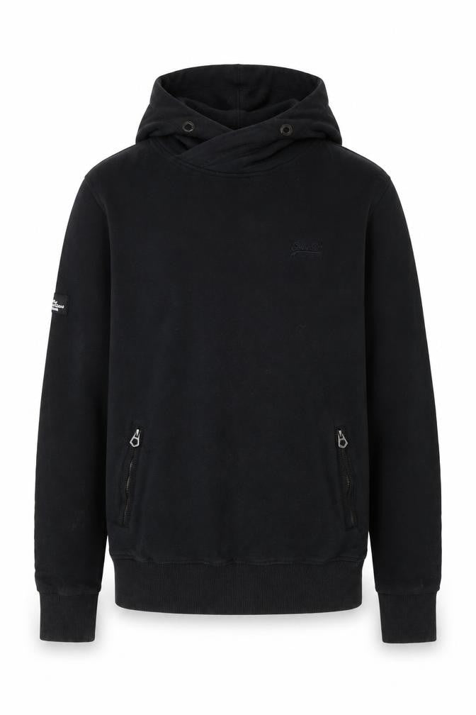 Front view of Superdry Men’s Black Pullover Hoodie, size S, Regular Fit Fleece