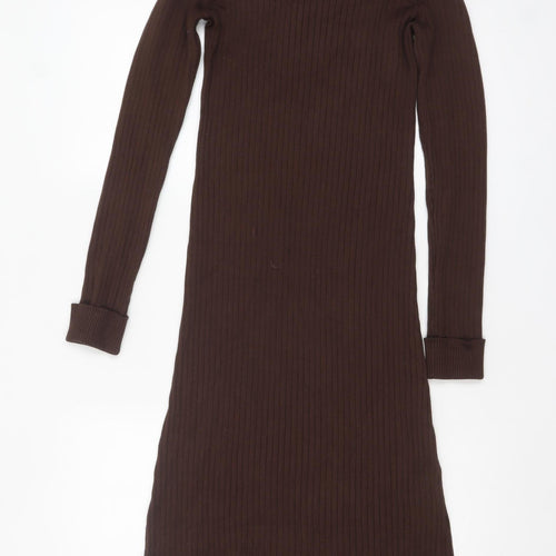 New Look Women’s Brown Ribbed Roll Neck Bodycon Midi Dress Size 12