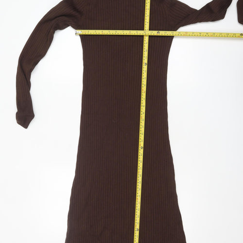 New Look Women’s Brown Ribbed Roll Neck Bodycon Midi Dress Size 12