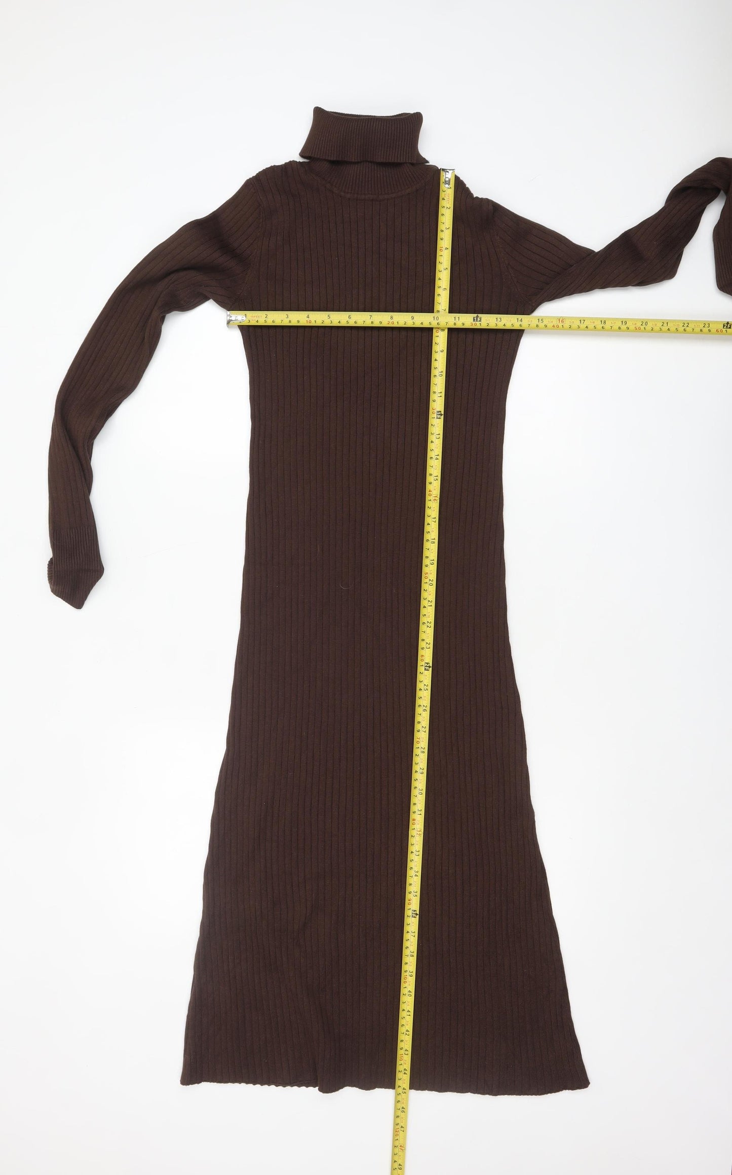New Look Women’s Brown Ribbed Roll Neck Bodycon Midi Dress Size 12