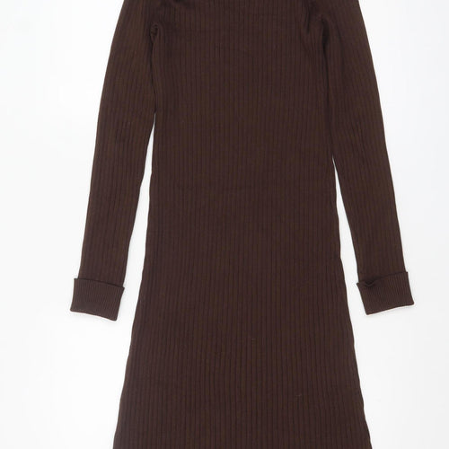 New Look Women’s Brown Ribbed Roll Neck Bodycon Midi Dress Size 12