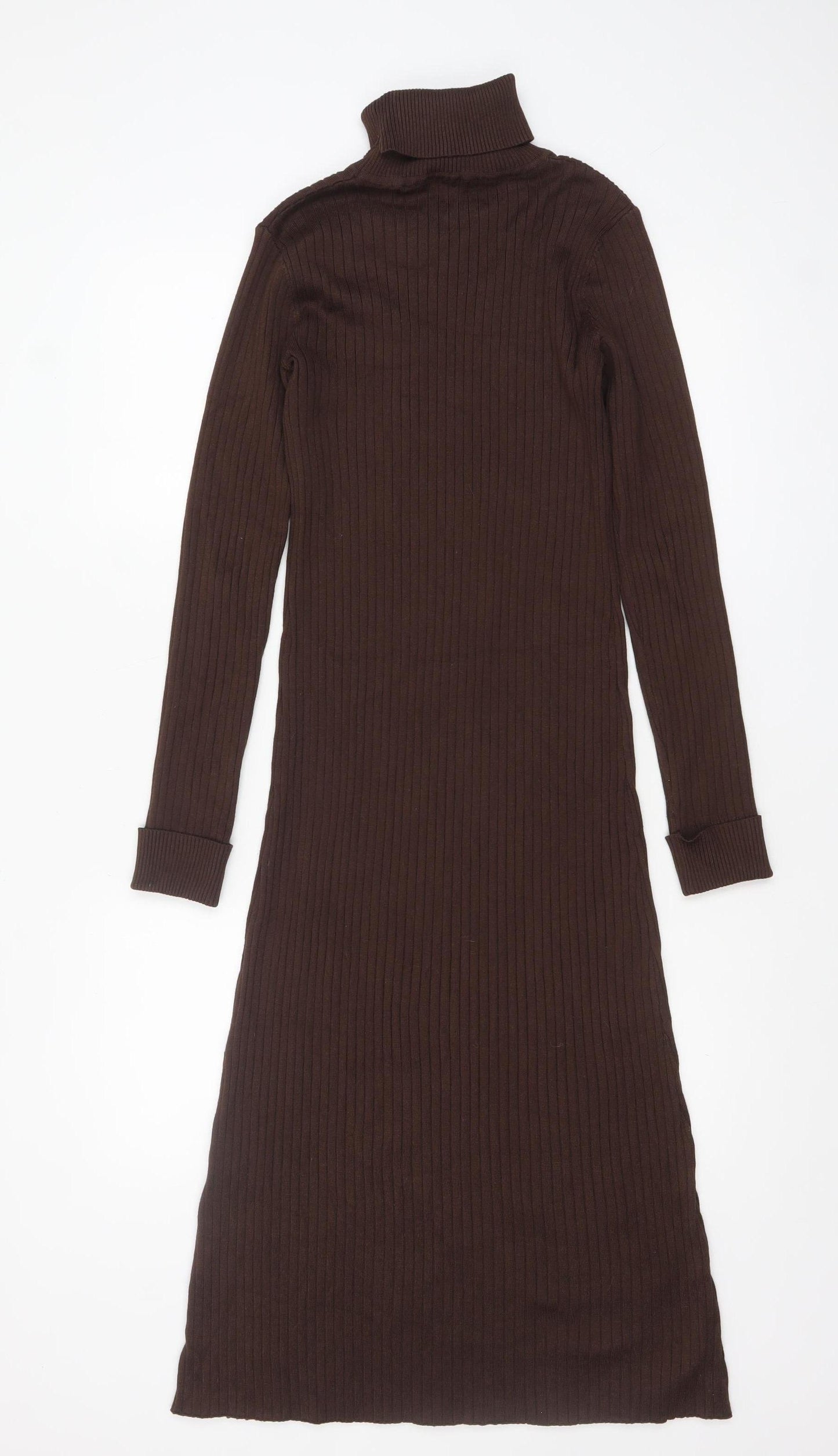 New Look Women’s Brown Ribbed Roll Neck Bodycon Midi Dress Size 12
