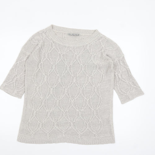 Zara Women Beige Cable Knit Short Sleeve Crew Neck Jumper Size 8