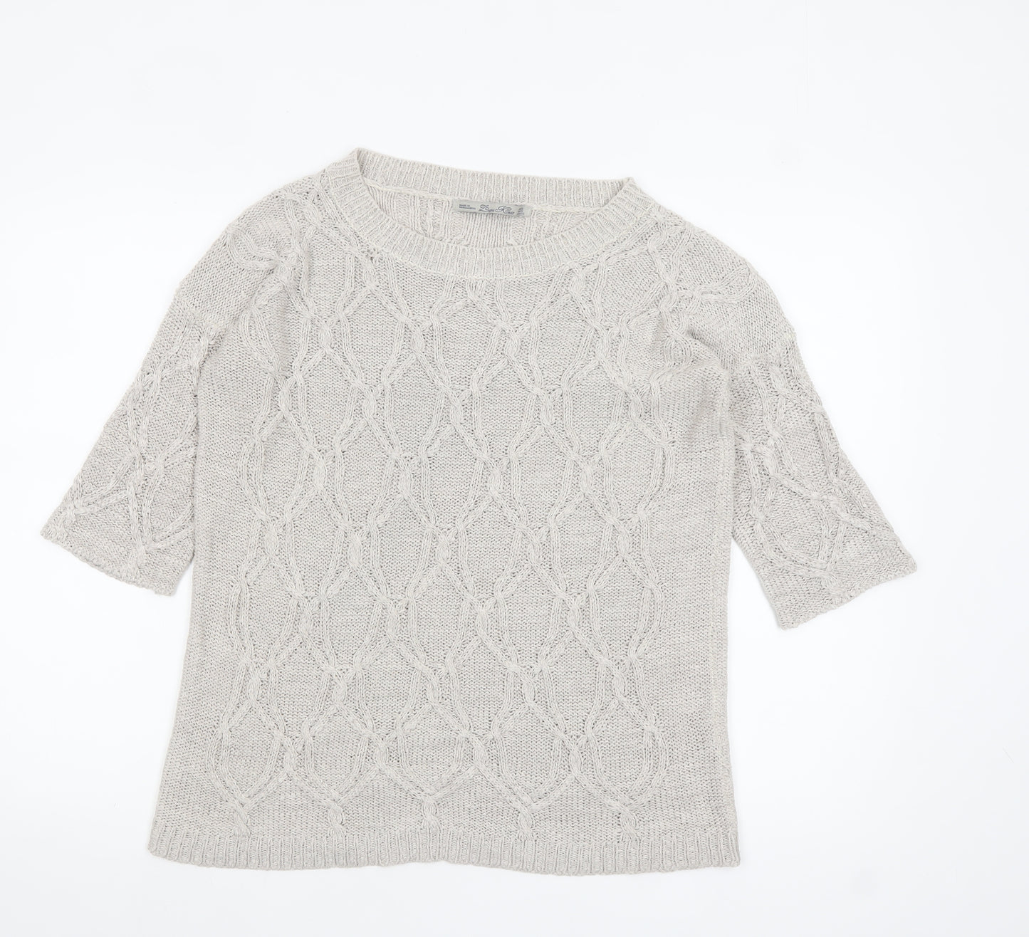 Zara Women Beige Cable Knit Short Sleeve Crew Neck Jumper Size 8