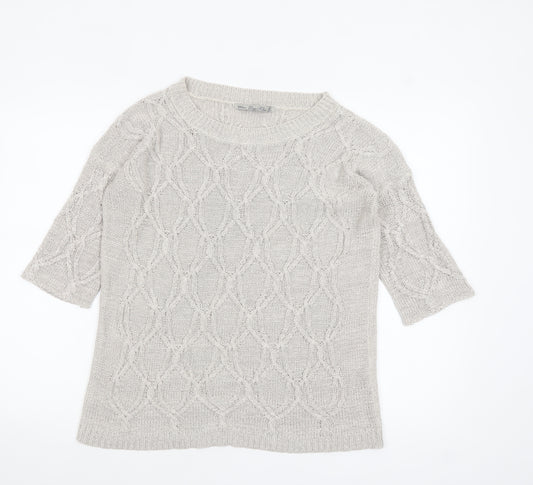 Zara Women Beige Cable Knit Short Sleeve Crew Neck Jumper Size 8