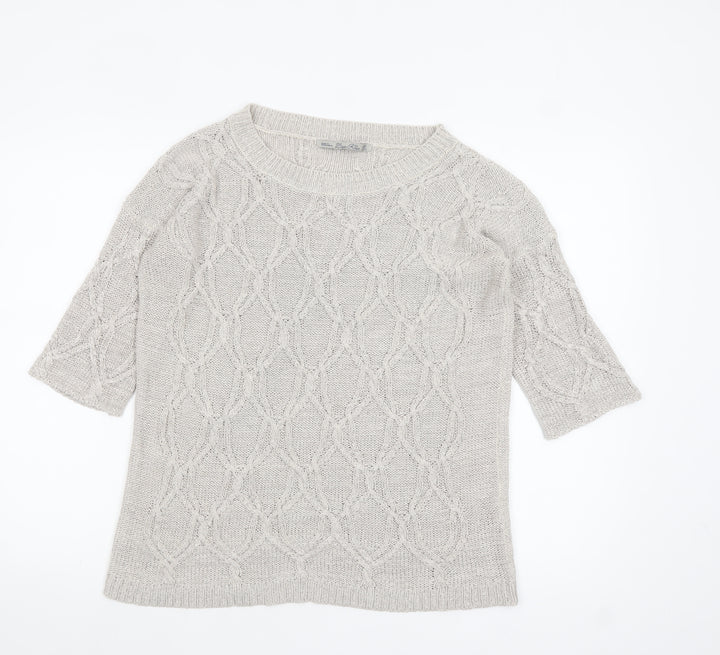 Zara Women Beige Cable Knit Short Sleeve Crew Neck Jumper Size 8