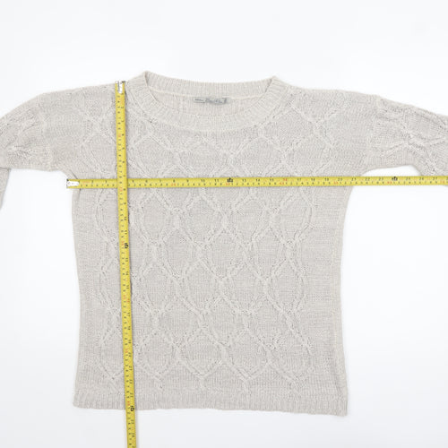 Zara Women Beige Cable Knit Short Sleeve Crew Neck Jumper Size 8