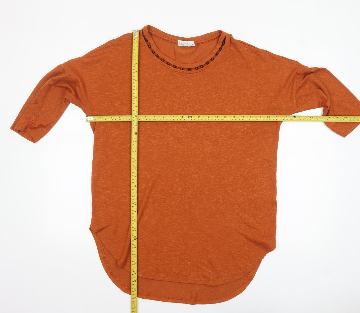 Papaya Women Orange 3/4 Sleeve Basic Stretch T-Shirt M