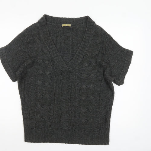 TU Women’s Grey Cable-Knit V-Neck Short Sleeve Jumper Size 10