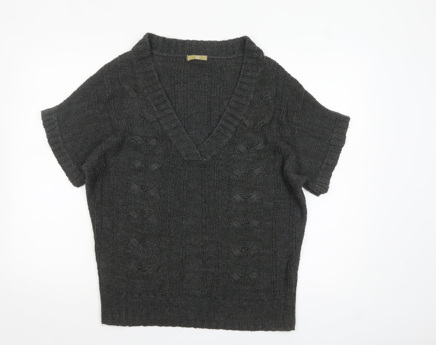 TU Women’s Grey Cable-Knit V-Neck Short Sleeve Jumper Size 10