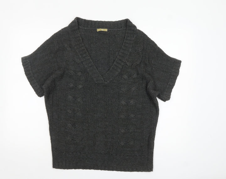 TU Women’s Grey Cable-Knit V-Neck Short Sleeve Jumper Size 10