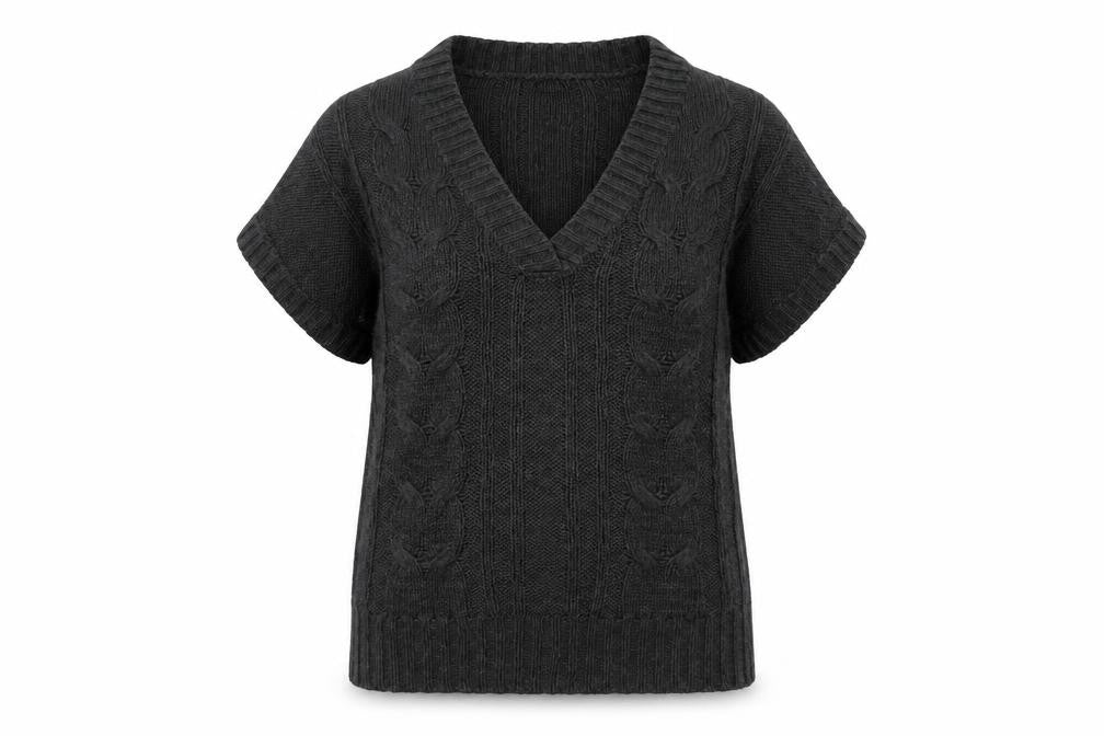 TU Women’s Grey Cable-Knit V-Neck Short Sleeve Jumper Size 10