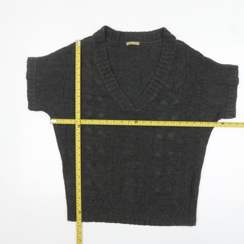 TU Women’s Grey Cable-Knit V-Neck Short Sleeve Jumper Size 10