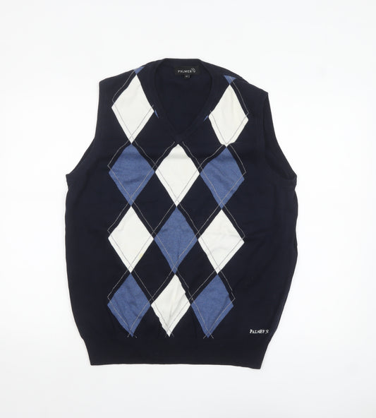 Palmer Men's Blue Argyle V-Neck Cotton Sleeveless Vest M