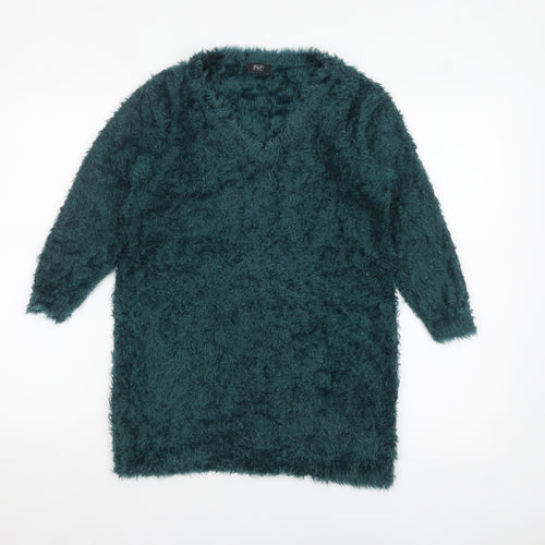 F&F Women’s Green Long Sleeve Fuzzy V-Neck Pullover Jumper Size 12