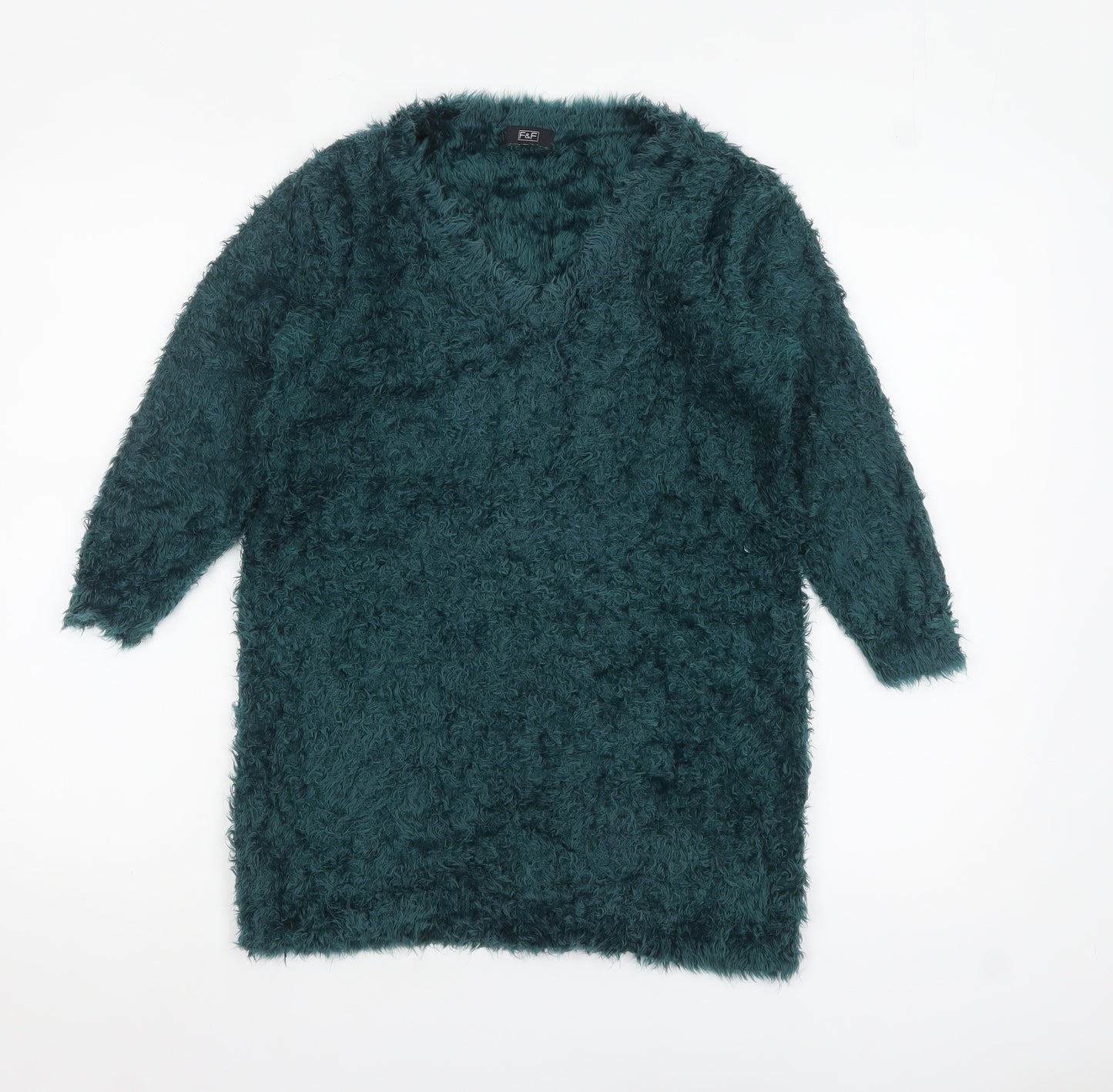 F&F Women’s Green Long Sleeve Fuzzy V-Neck Pullover Jumper Size 12