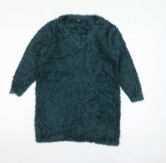 F&F Women’s Green Long Sleeve Fuzzy V-Neck Pullover Jumper Size 12