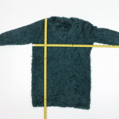 F&F Women’s Green Long Sleeve Fuzzy V-Neck Pullover Jumper Size 12