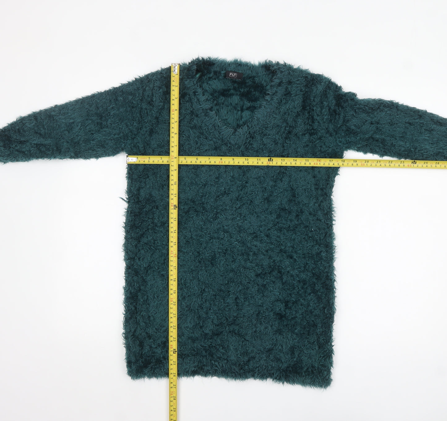 F&F Women’s Green Long Sleeve Fuzzy V-Neck Pullover Jumper Size 12