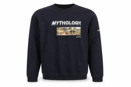Front view of Lost Soles Men's Black XL Mythology Graphic Print Sweatshirt