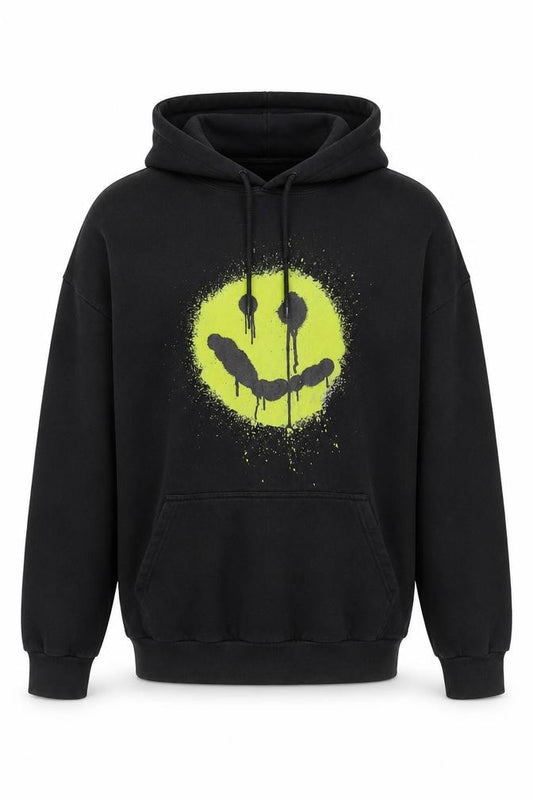 Front view of boohooMAN Men's Black Hoodie Medium Graphic Print Pullover