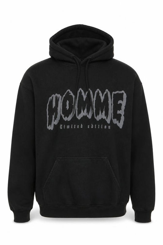 Front view of boohooMAN men’s black pullover hoodie s graphic homme print cotton blend