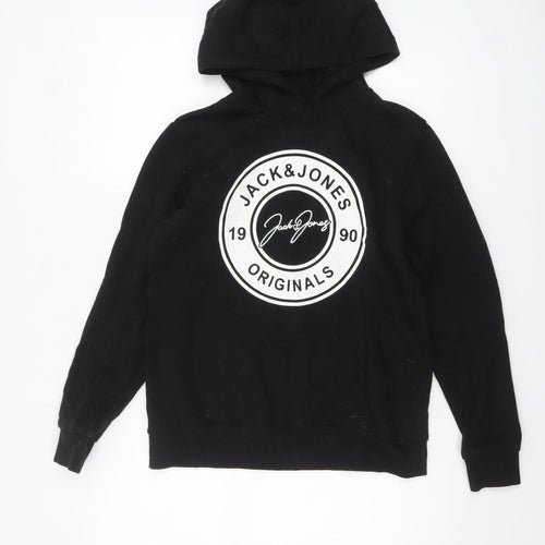 Jack & Jones Boys Black Pullover Hoodie 14 Years Cotton Blend Logo Print