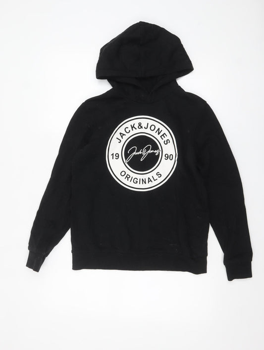 Jack & Jones Boys Black Pullover Hoodie 14 Years Cotton Blend Logo Print