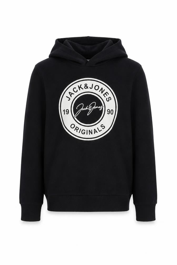 Front view of Jack & Jones boys’ black pullover hoodie 14 years cotton blend logo print