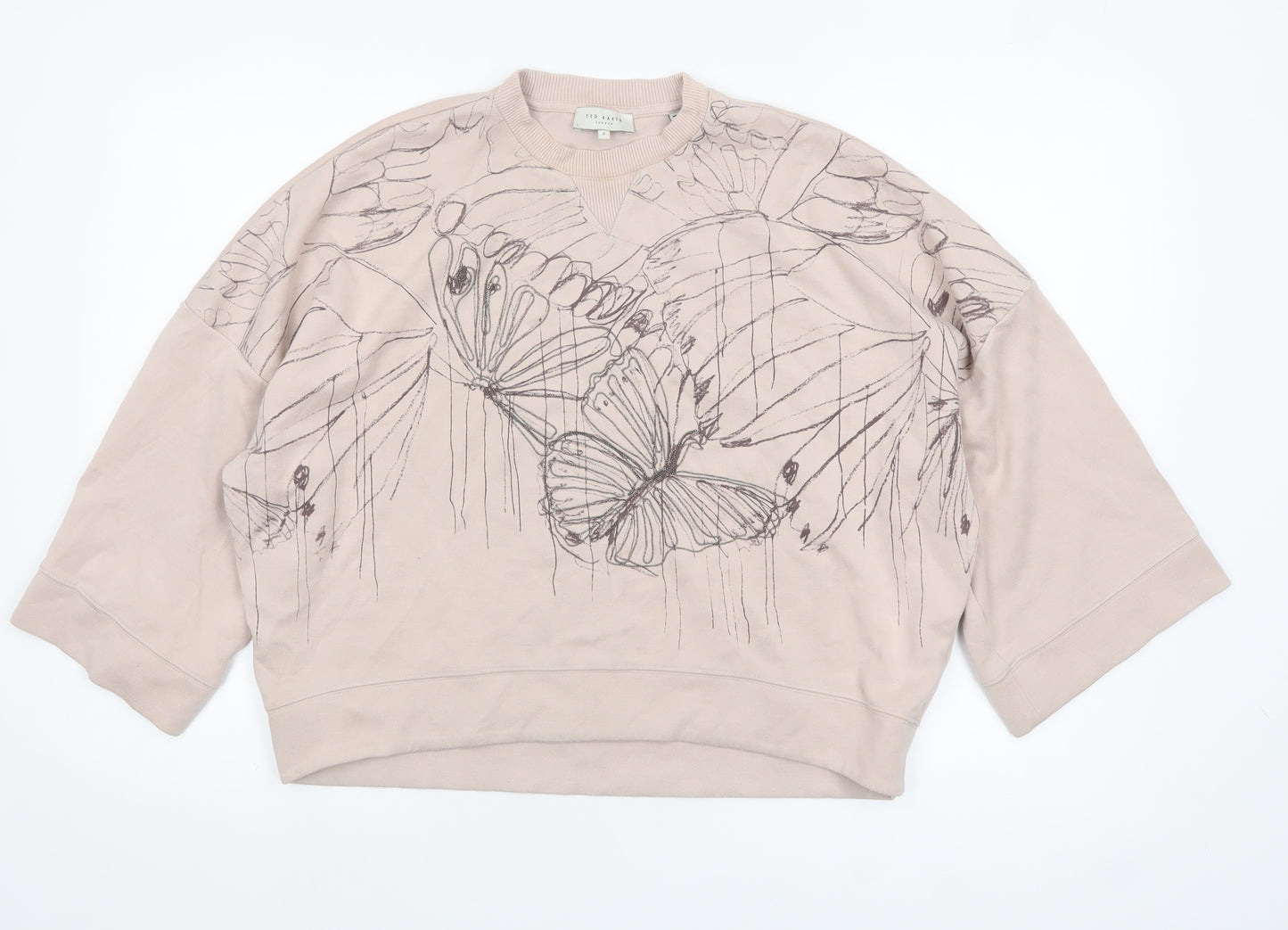 Ted Baker Women Beige Butterfly Print Jersey Top Size 10