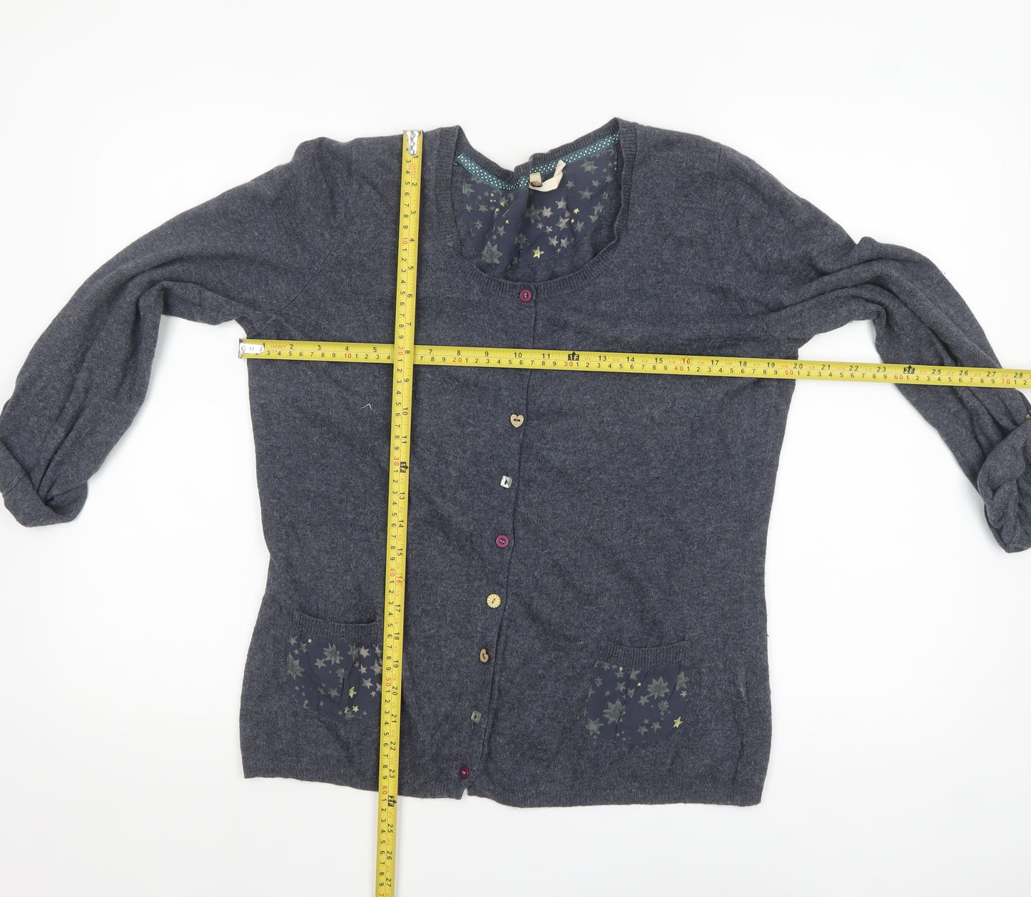 White Stuff Women's Grey Star Print Cardigan Size 16 Cotton Blend