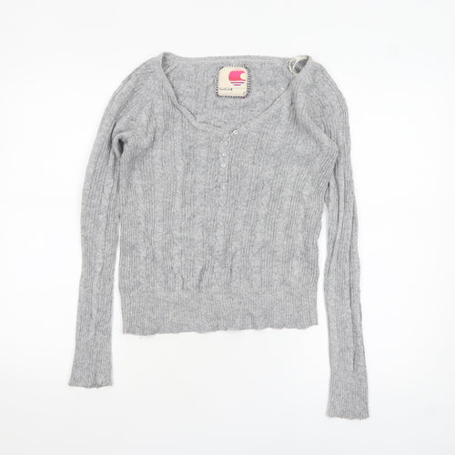 SoulCal Women’s Grey Cable-Knit V-Neck Henley Jumper Size 10