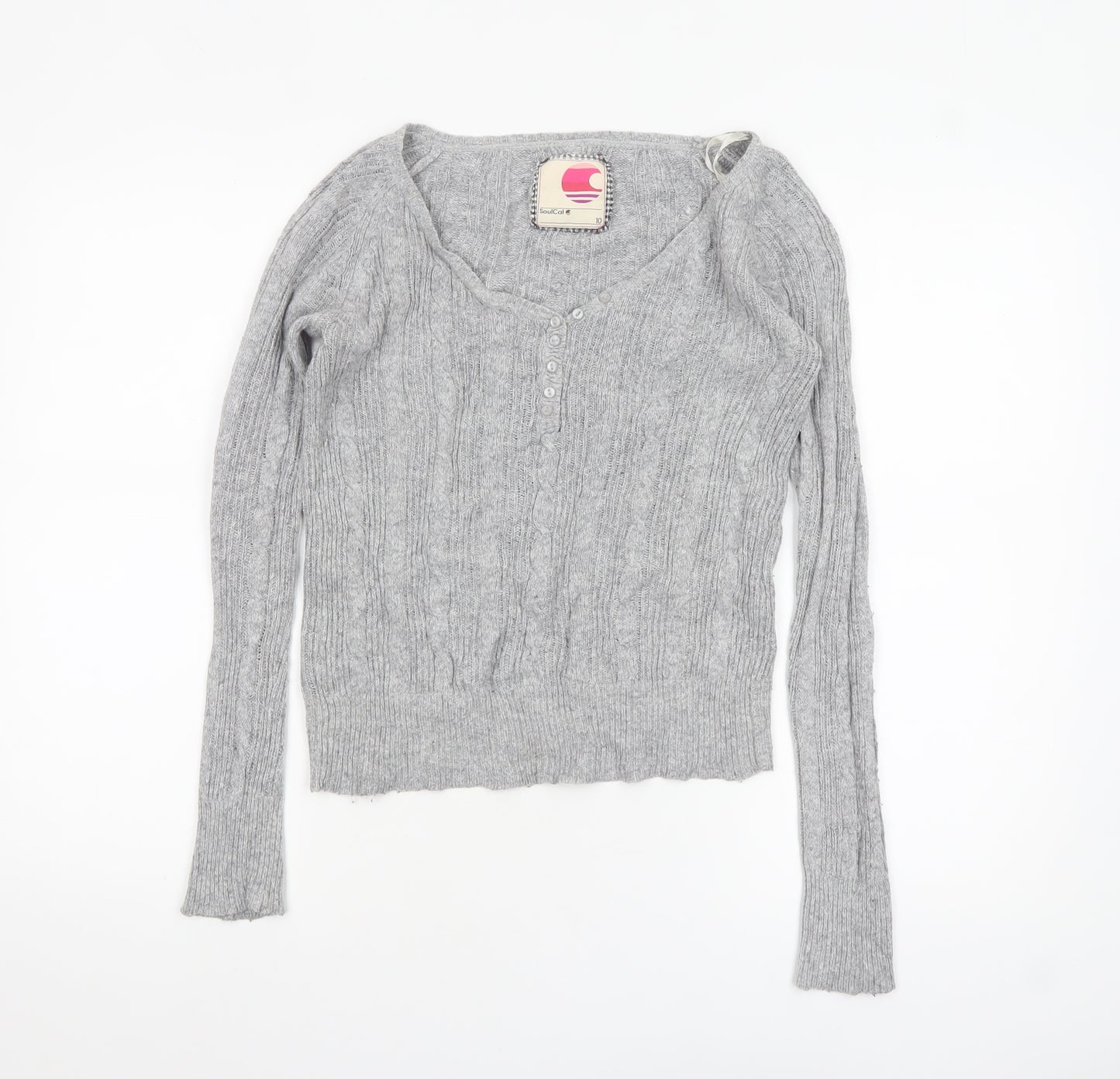 SoulCal Women’s Grey Cable-Knit V-Neck Henley Jumper Size 10