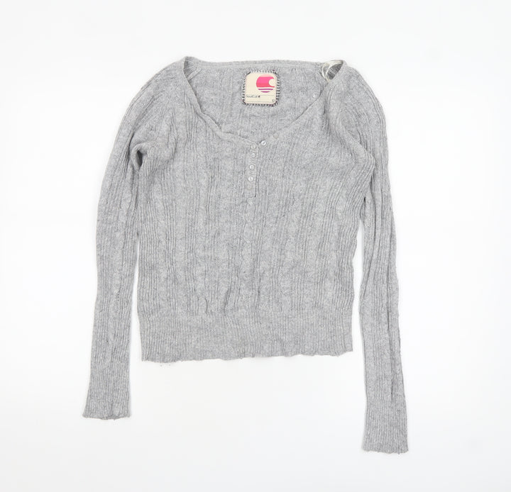SoulCal Women’s Grey Cable-Knit V-Neck Henley Jumper Size 10