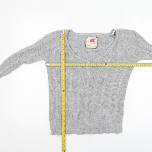 SoulCal Women’s Grey Cable-Knit V-Neck Henley Jumper Size 10
