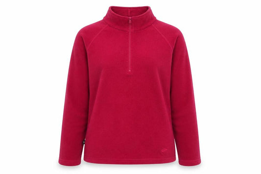 Front view of Mountain Life women’s red fleece pullover sweatshirt, size UK 12